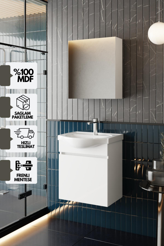 Karen Banyo Fulya 50 Cm Mdf Lavabolu Aynalı Banyo Dolabı Seti Seramik Lavabo Dahil Beyaz Mdf