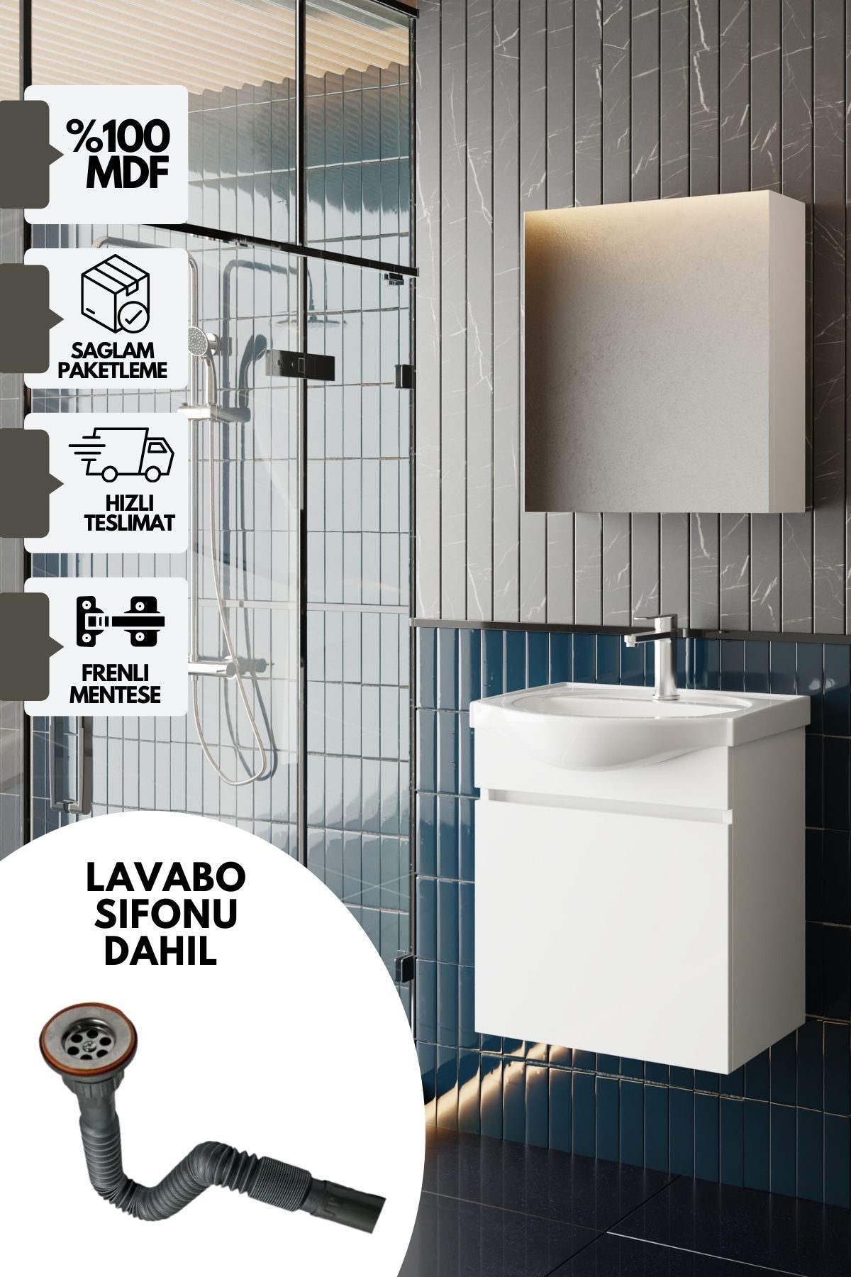 Karen Banyo Fulya 50 Cm Mdf Lavabolu Aynalı Banyo Dolabı Seti Seramik Lavabo Dahil Beyaz, Lavabo Sifonu Dahil
