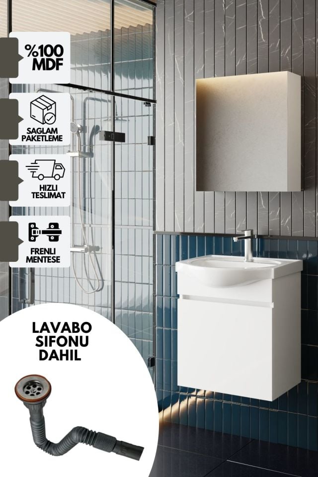 Karen Banyo Fulya 50 Cm Mdf Lavabolu Aynalı Banyo Dolabı Seti Seramik Lavabo Dahil Beyaz, Lavabo Sifonu Dahil