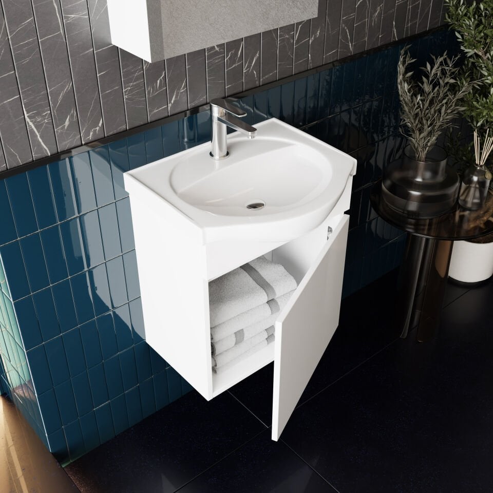Karen Banyo Fulya 50 Cm Mdf Lavabolu Aynalı Banyo Dolabı Seti Seramik Lavabo Dahil Beyaz, Lavabo Sifonu Dahil