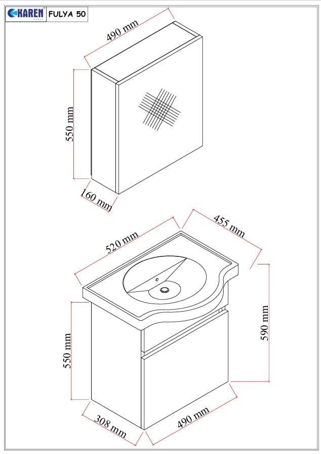 Karen Banyo Fulya 50 Cm Mdf Lavabolu Aynalı Banyo Dolabı Seti Seramik Lavabo Dahil Beyaz, Lavabo Sifonu Dahil