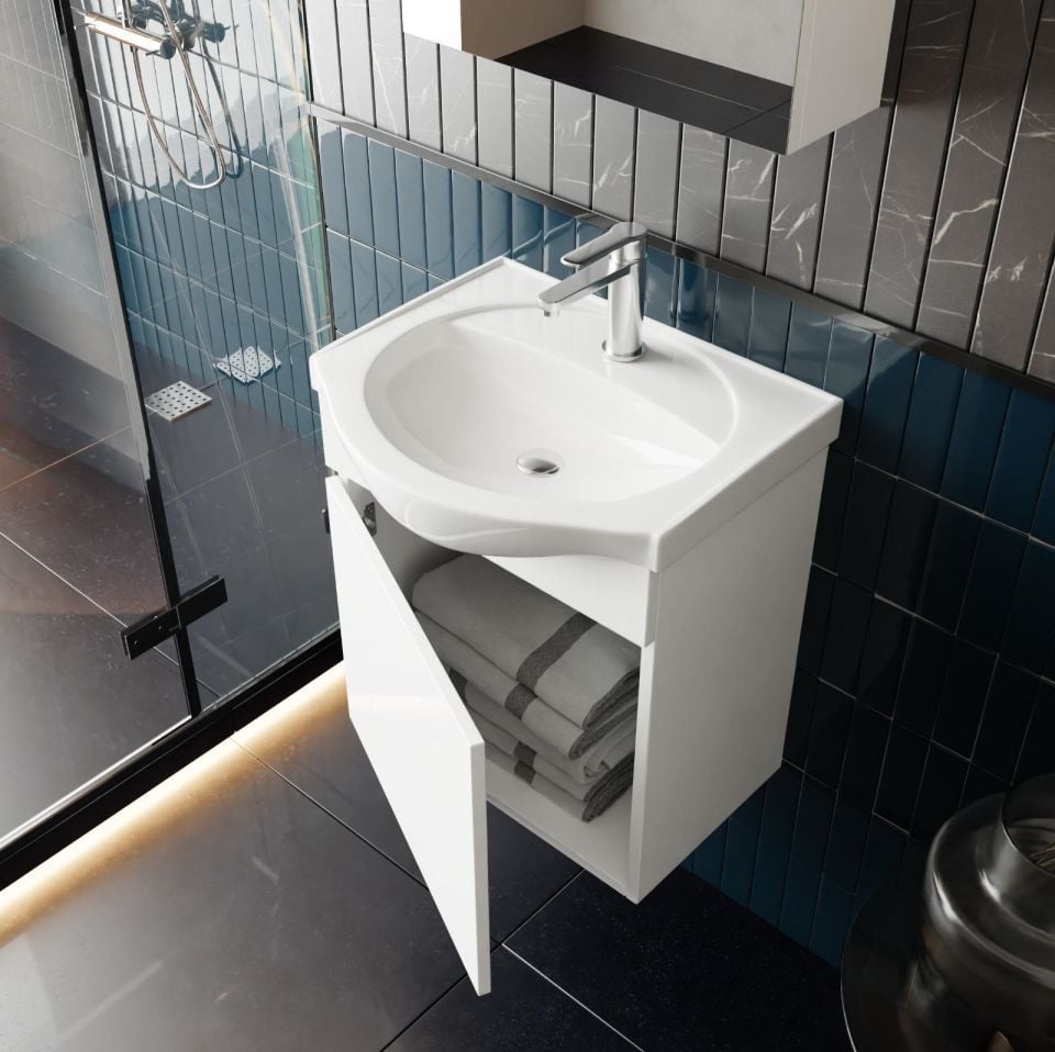 Karen Banyo Fulya 50 Cm Mdf Lavabolu Aynalı Banyo Dolabı Seti Seramik Lavabo Dahil Beyaz, Lavabo Sifonu Dahil
