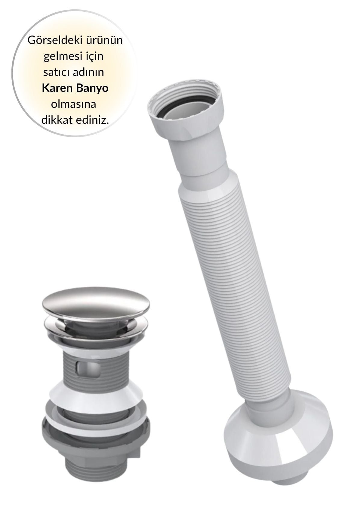 Karen Banyo  Pop Up Sifon Paslanmaz Başlıklı+Körüklü Gider Borusu