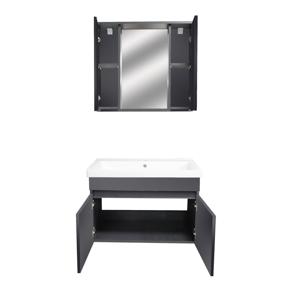 Karen Banyo Tuana Banyo Dolabı Seti 80 Cm, Mat Antrasit, Lavabo Dahil, Lavabolu