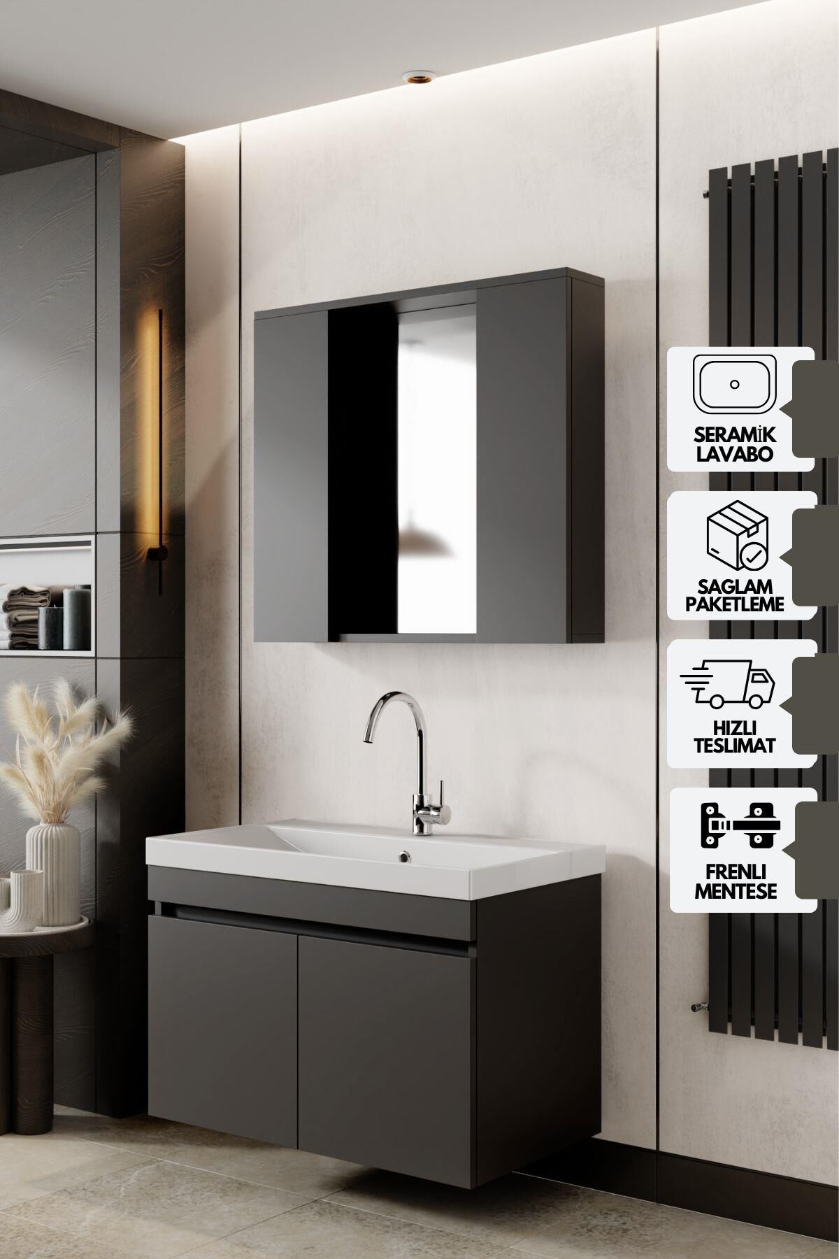 Karen Banyo Tuana Banyo Dolabı Seti 80 Cm, Mat Antrasit, Lavabo Dahil, Lavabolu
