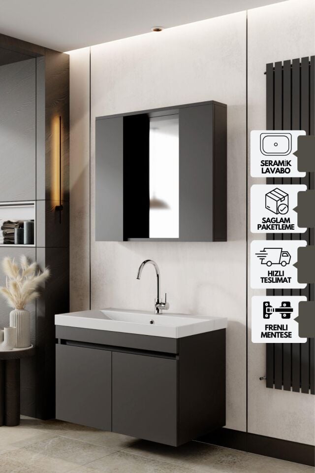 Karen Banyo Tuana Banyo Dolabı Seti 80 Cm, Mat Antrasit, Lavabo Dahil, Lavabolu