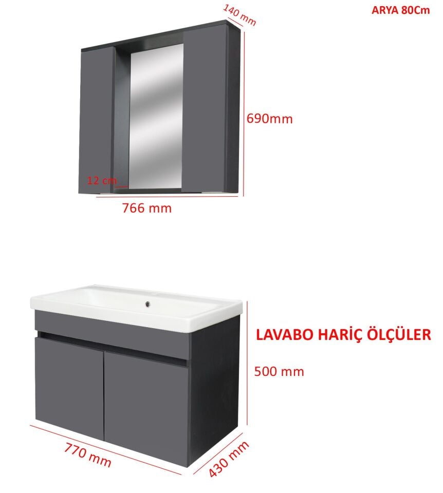Karen Banyo Tuana Banyo Dolabı Seti 80 Cm, Mat Antrasit, Lavabo Dahil, Lavabolu