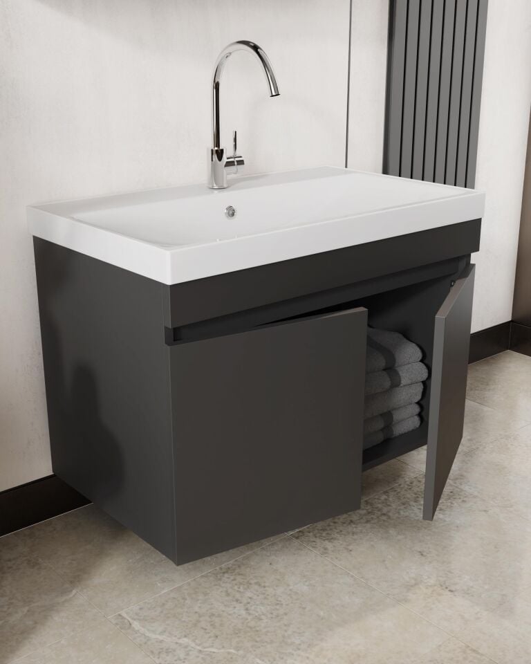 Karen Banyo Tuana Banyo Dolabı Seti 80 Cm, Mat Antrasit, Lavabo Dahil, Lavabolu
