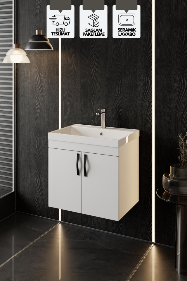 Karen Banyo Ege 60 Cm, Lavabolu Alt Banyo Dolabı, Kapaklı Banyo Alt Dolabı, Seramik Lavabo Dahil