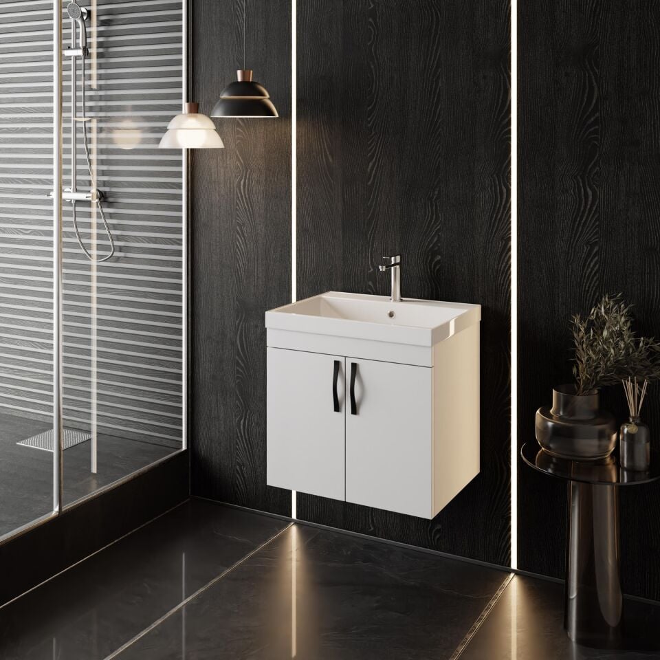 Karen Banyo Ege 60 Cm, Lavabolu Alt Banyo Dolabı, Kapaklı Banyo Alt Dolabı, Seramik Lavabo Dahil