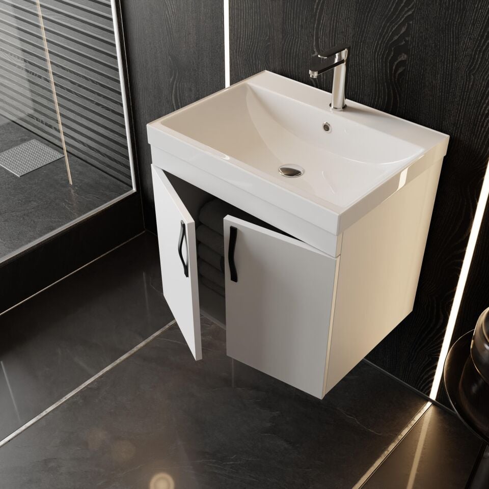 Karen Banyo Ege 60 Cm, Lavabolu Alt Banyo Dolabı, Kapaklı Banyo Alt Dolabı, Seramik Lavabo Dahil