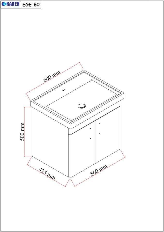 Karen Banyo Ege 60 Cm, Lavabolu Alt Banyo Dolabı, Kapaklı Banyo Alt Dolabı, Seramik Lavabo Dahil