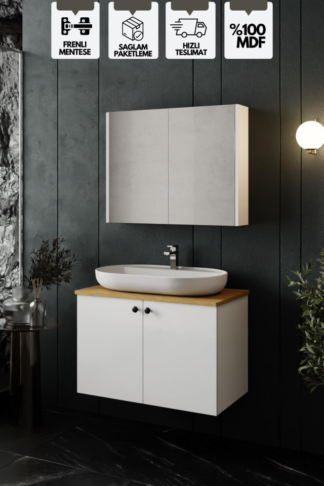 Karen Banyo Mimoza 80Cm Tezgahlı, Aynalı Banyo Dolabı Seti, Seramik Lavabo Dahil, Beyaz, Mdf