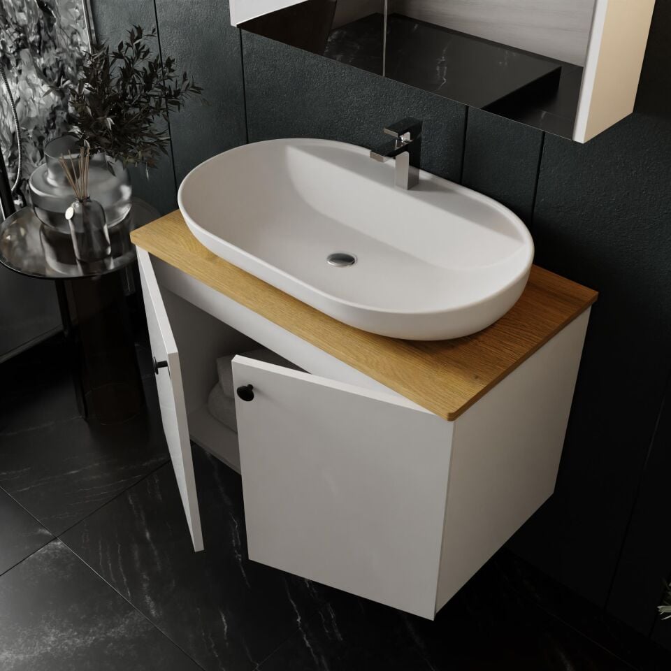 Karen Banyo Mimoza 80Cm Tezgahlı, Aynalı Banyo Dolabı Seti, Seramik Lavabo Dahil, Beyaz, Mdf