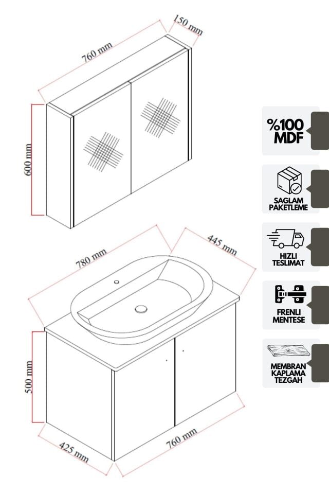 Karen Banyo Mimoza 80Cm Tezgahlı, Aynalı Banyo Dolabı Seti, Seramik Lavabo Dahil, Beyaz, Mdf