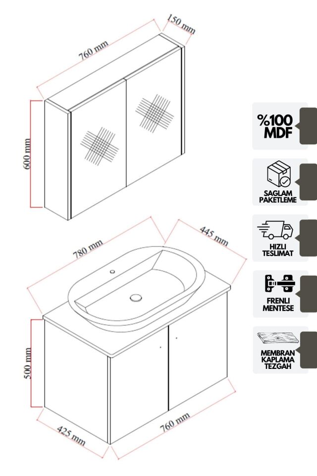 Karen Banyo Liva 80 Cm Tezgahlı, Aynalı Banyo Dolabı Seti, Seramik Lavabo Dahil, Beyaz, Mdf