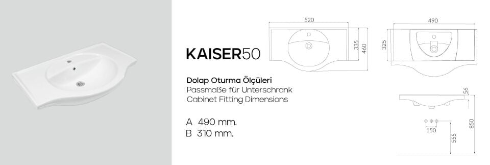 Karen Banyo Kaiser 50 Cm Dolap uyumlu Lavabo