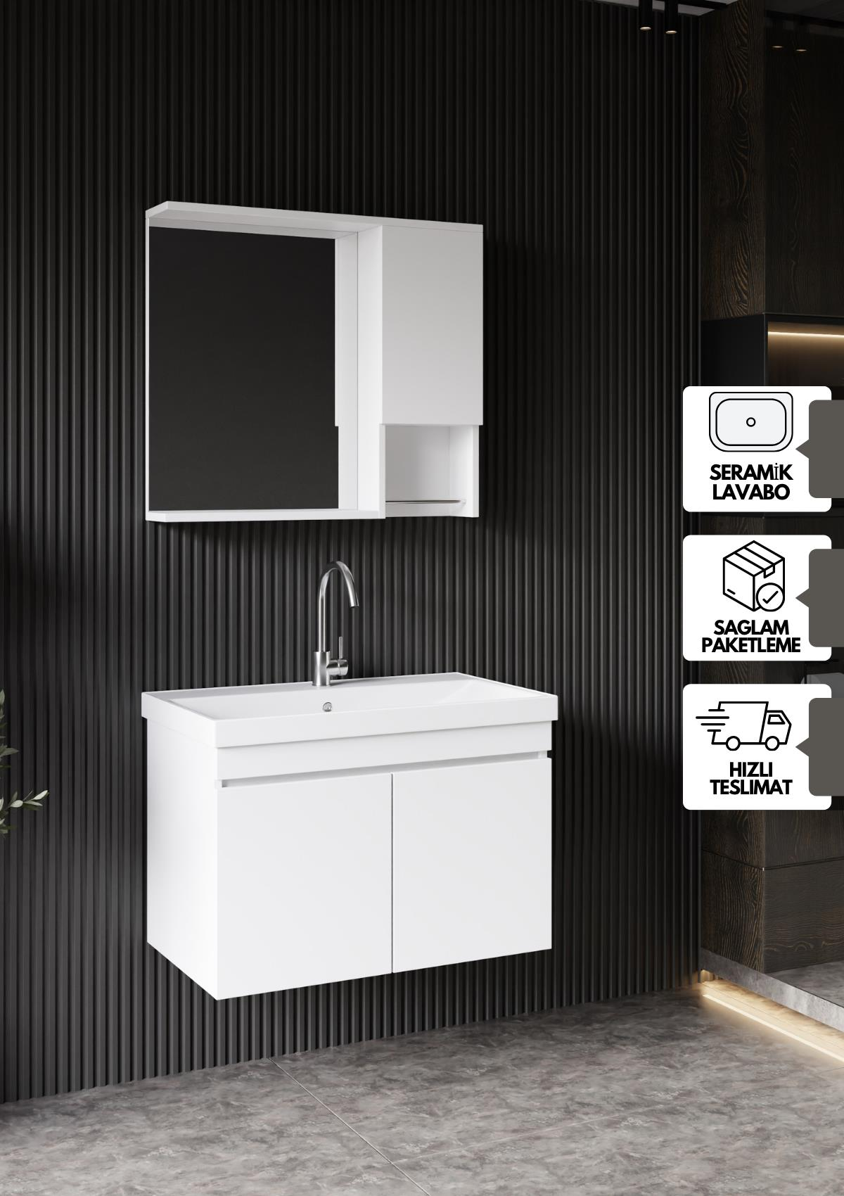 Karen Banyo Deniz Banyo Dolabı Seti, 80 Cm Beyaz, Lavabo Dahil, Lavabolu