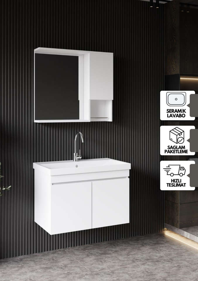 Karen Banyo Deniz Banyo Dolabı Seti, 80 Cm Beyaz, Lavabo Dahil, Lavabolu