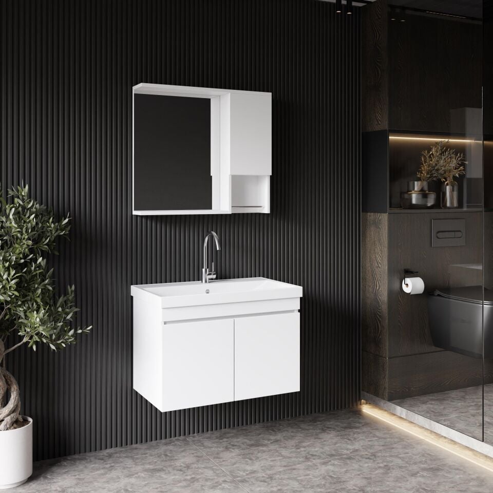 Karen Banyo Deniz Banyo Dolabı Seti, 80 Cm Beyaz, Lavabo Dahil, Lavabolu