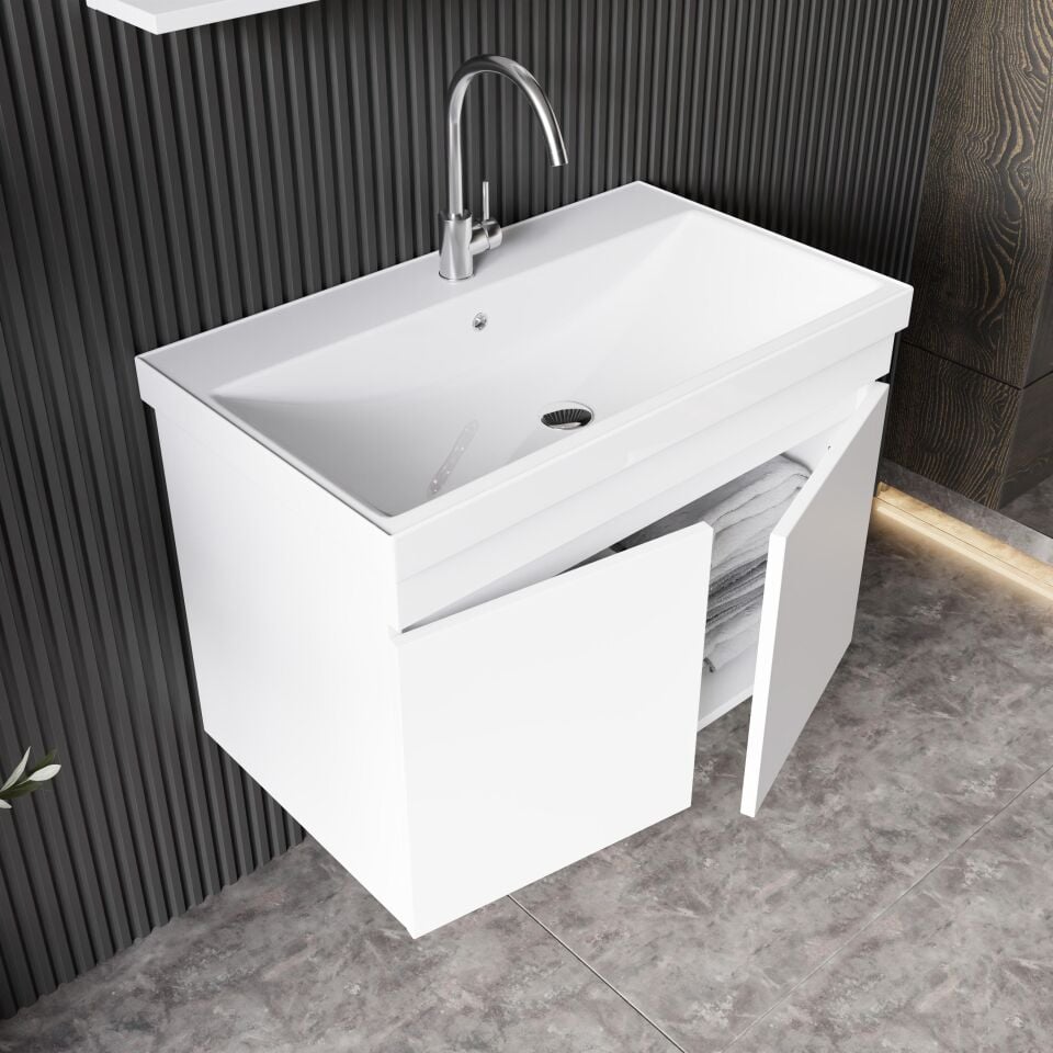 Karen Banyo Deniz Banyo Dolabı Seti, 80 Cm Beyaz, Lavabo Dahil, Lavabolu
