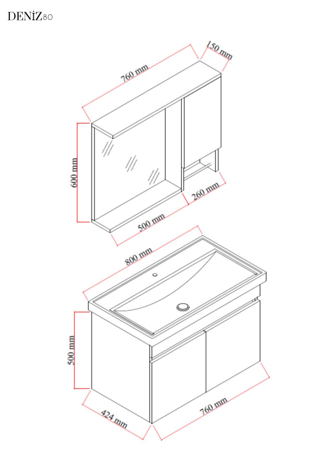 Karen Banyo Deniz Banyo Dolabı Seti, 80 Cm Beyaz, Lavabo Dahil, Lavabolu