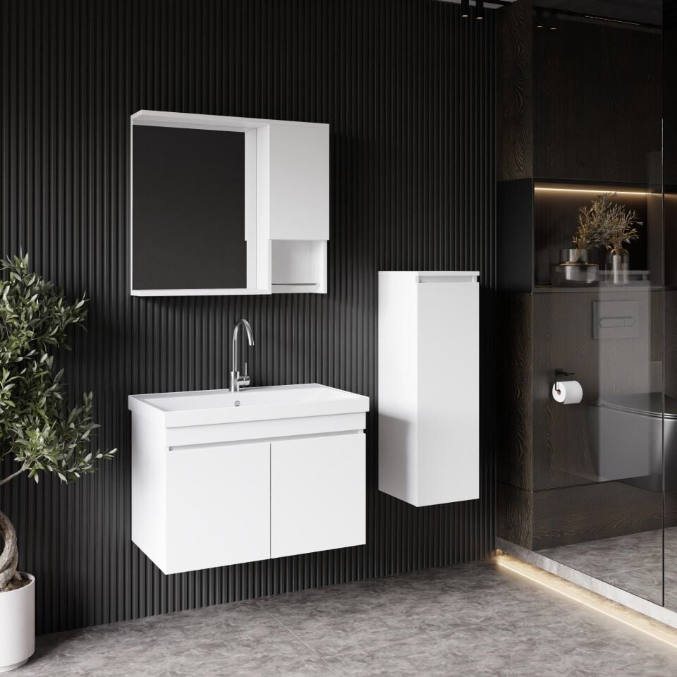 Karen Banyo Deniz 80 Cm Lavabolu, Aynalı Banyo Dolabı, Lavabo Dahil, Boy Dolabı Dahil, Beyaz