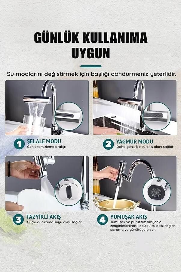 Karen Banyo Krom Tasarruflu 4 Modlu Ayarlanabilir Musluk Başlığı Lavabo Batarya Fiskiye Ucu