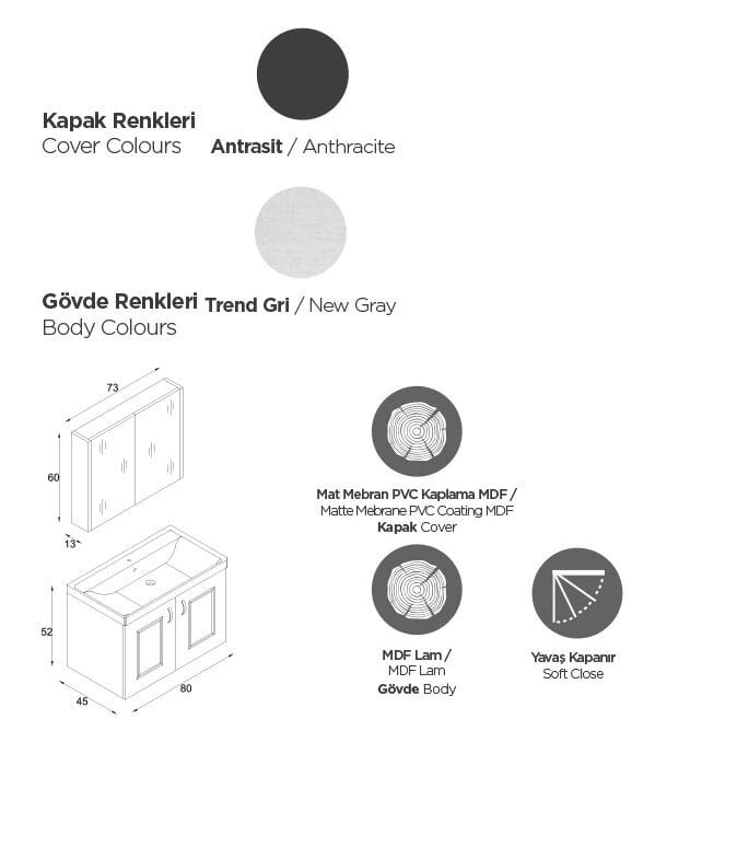 Karen Banyo Arin Banyo Dolabı Takımı 80 Cm Mdf Lavabolu Antrasit,Lavabo Dahil