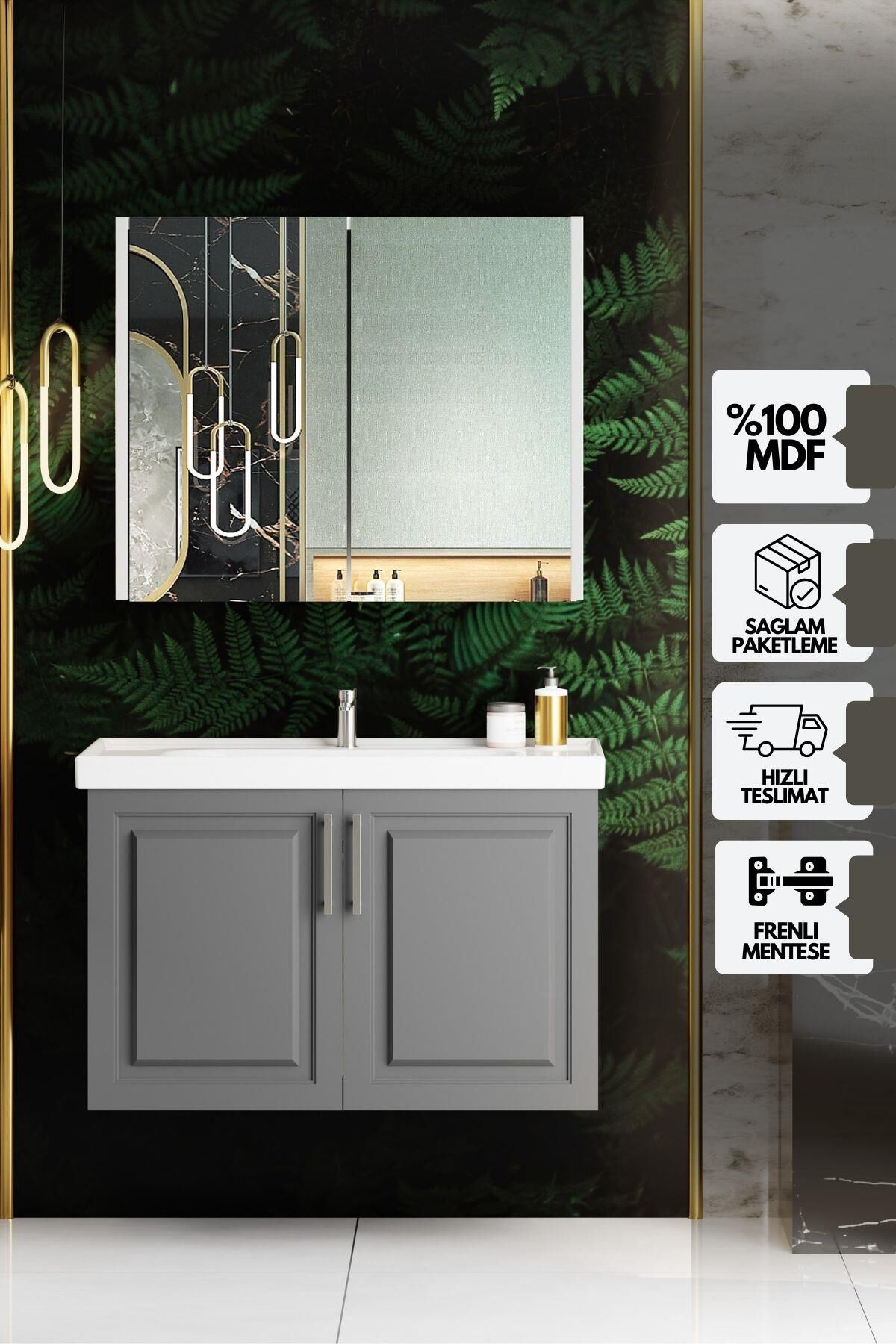 Karen Banyo Arin Banyo Dolabı Takımı 80 Cm Mdf Lavabolu Antrasit,Lavabo Dahil