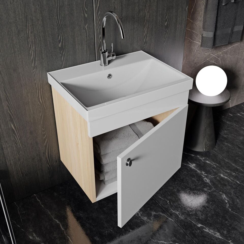 Karen Banyo Milano 50 Cm Lavabolu Banyo Dolabı, Lavabo Dahil, Ayna Dahil, Sonomo Meşe(KAMPANYA)