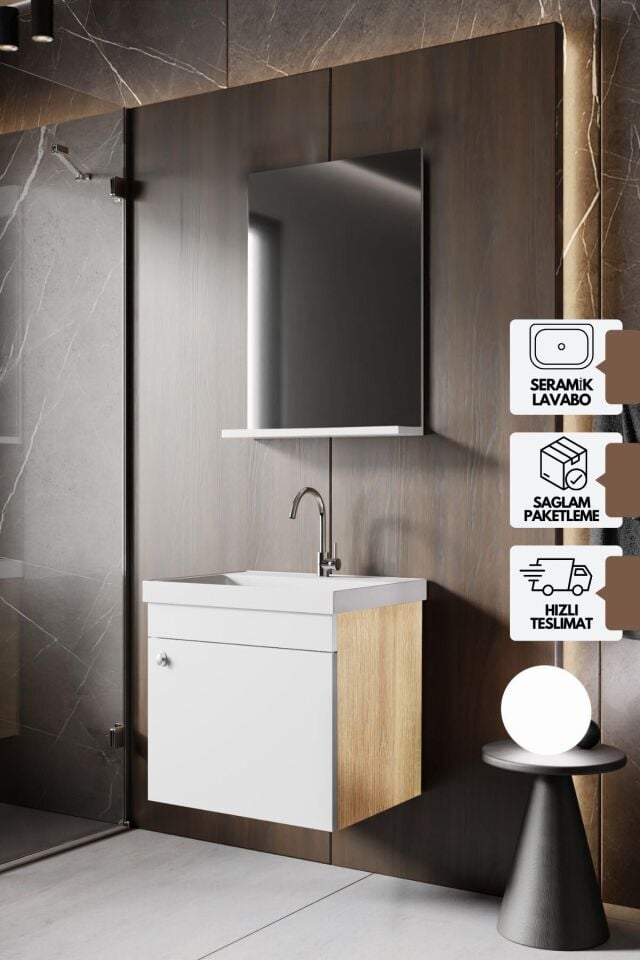Karen Banyo Milano 50 Cm Lavabolu Banyo Dolabı, Lavabo Dahil, Ayna Dahil, Sonomo Meşe(KAMPANYA)