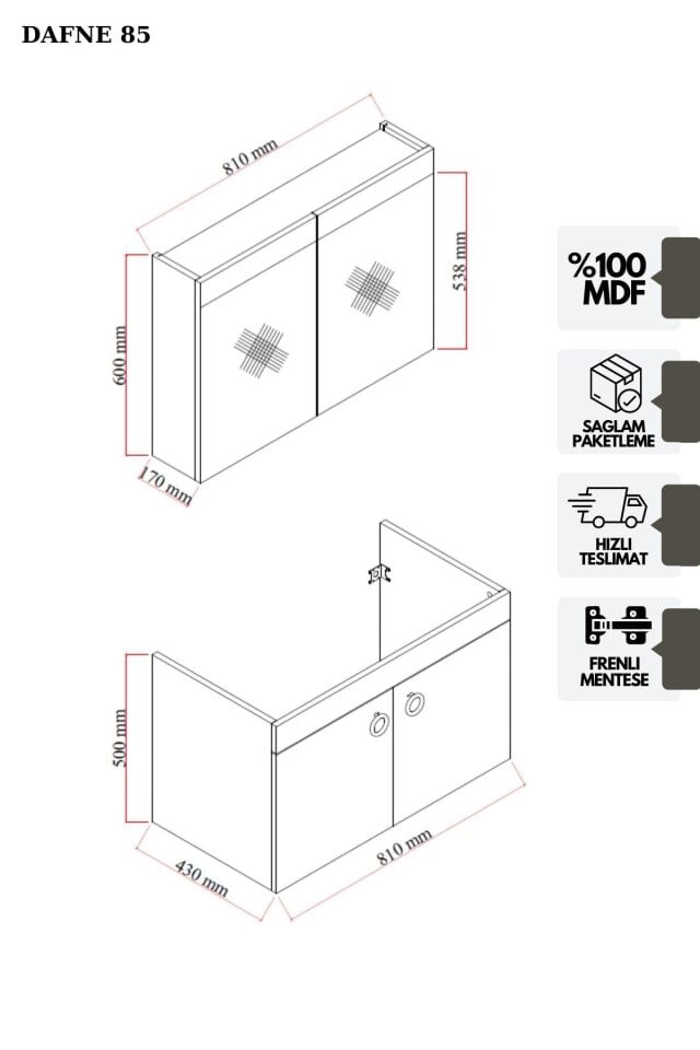 Karen Banyo Dafne 85 Cm, Mdf Lavabolu Banyo Dolabı Seti, Mdf