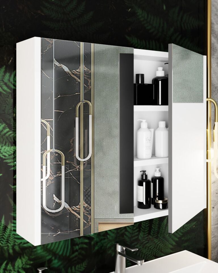 Karen Banyo Arin 80Cm, Aynalı Banyo Dolabı, Üst Modül, Beyaz, Mdf