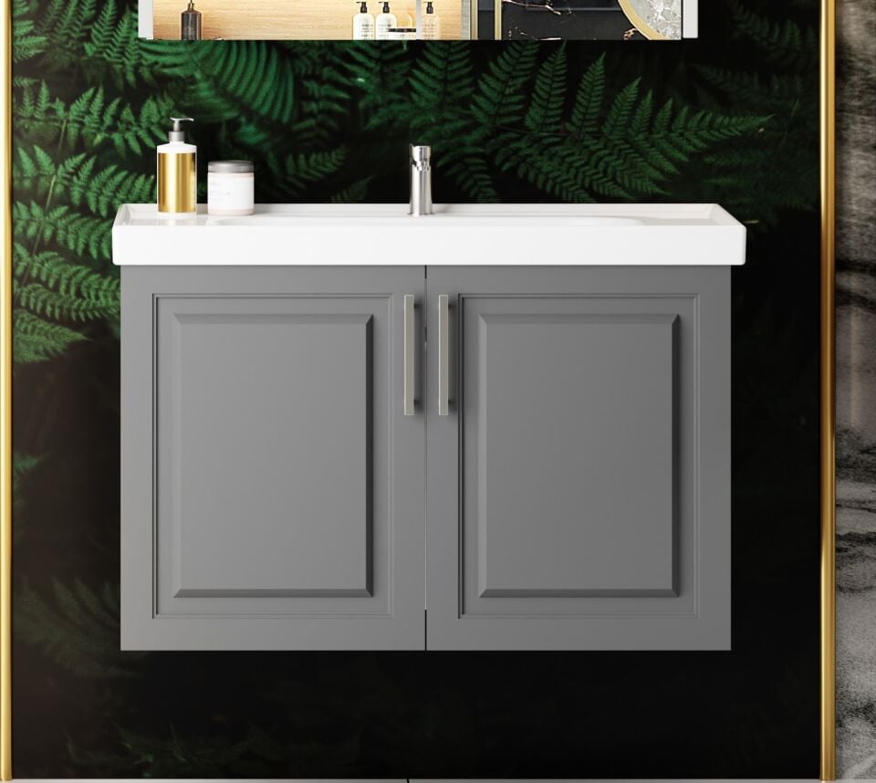 Karen Banyo Arin 80 Cm Banyo Dolabı Antrasit, Alt Modül, Mdf, Lavabo Dahil, Lavabolu