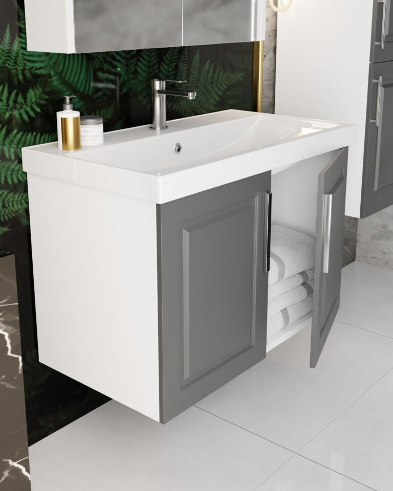Karen Banyo Arin 80 Cm Banyo Dolabı Antrasit, Alt Modül, Mdf, Lavabo Dahil, Lavabolu