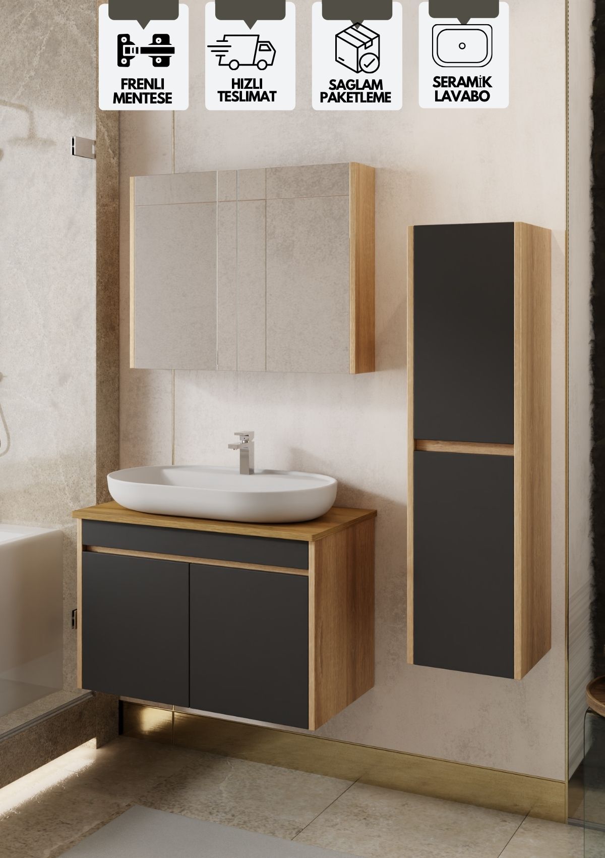 Karen Banyo Luna 80 Cm Tezgahlı, Aynalı Banyo Dolabı Seti, Seramik Lavabo Dahil