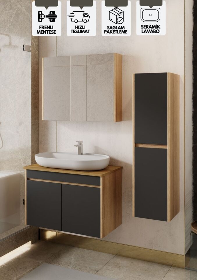 Karen Banyo Luna 80 Cm Tezgahlı, Aynalı Banyo Dolabı Seti, Seramik Lavabo Dahil