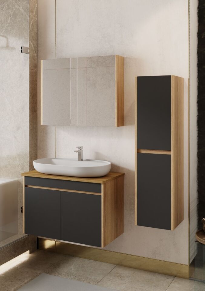Karen Banyo Luna 80 Cm Tezgahlı, Aynalı Banyo Dolabı Seti, Seramik Lavabo Dahil