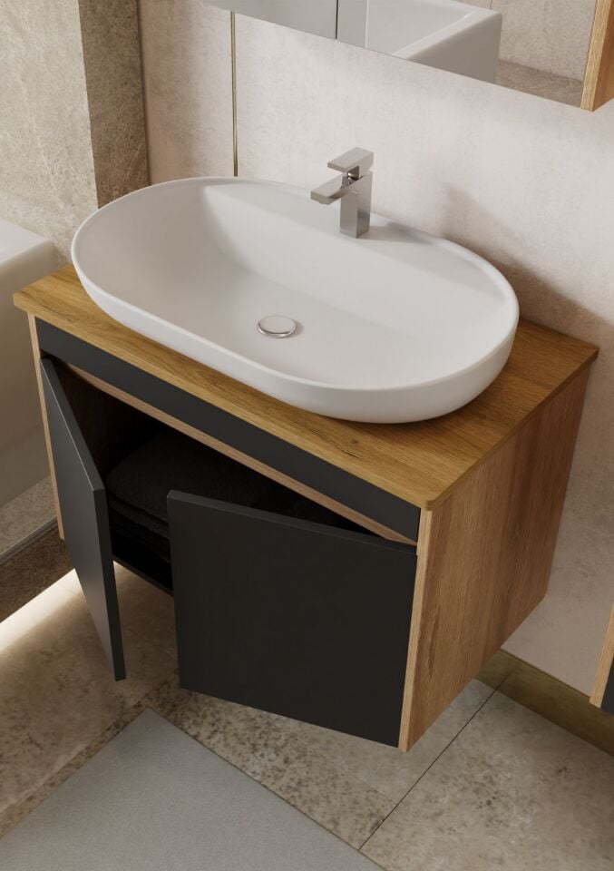 Karen Banyo Luna 80 Cm Tezgahlı, Aynalı Banyo Dolabı Seti, Seramik Lavabo Dahil