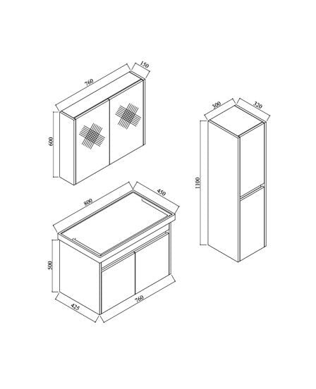 Karen Banyo Luna 80 Cm Tezgahlı, Aynalı Banyo Dolabı Seti, Seramik Lavabo Dahil