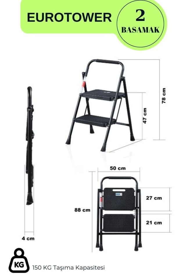 Eurotower 2 basamak Özel Tasarım Geniş Basamaklı Siyah Merdiven