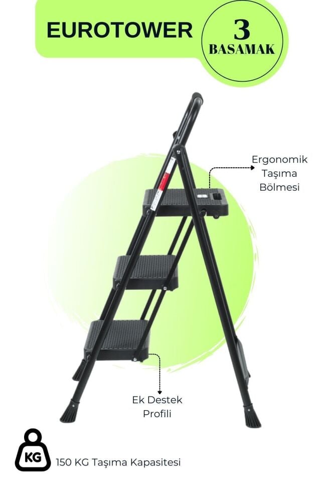 Eurotower 3 basamak Özel Tasarım Geniş Basamaklı Siyah Merdiven