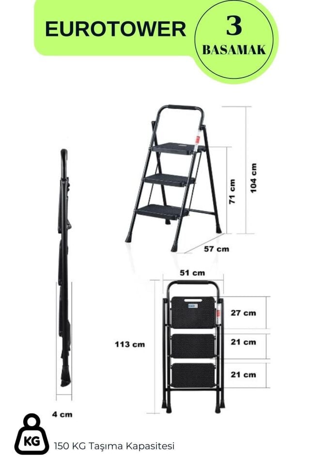 Eurotower 3 basamak Özel Tasarım Geniş Basamaklı Siyah Merdiven