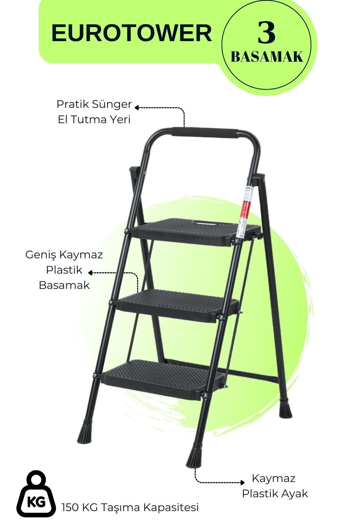 Eurotower 3 basamak Özel Tasarım Geniş Basamaklı Siyah Merdiven