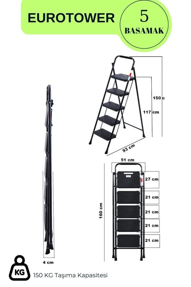 Eurotower 5 basamak Özel Tasarım Geniş Basamaklı Siyah Merdiven