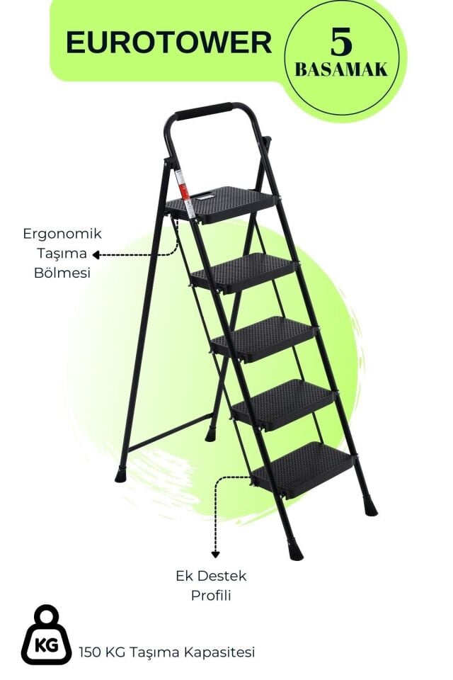 Eurotower 5 basamak Özel Tasarım Geniş Basamaklı Siyah Merdiven