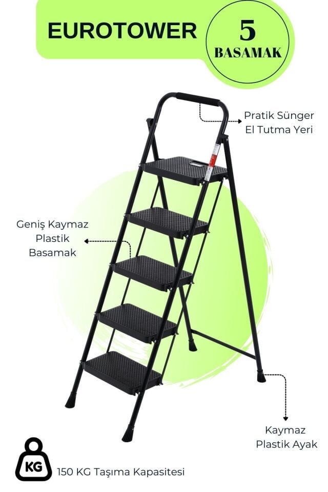 Eurotower 5 basamak Özel Tasarım Geniş Basamaklı Siyah Merdiven