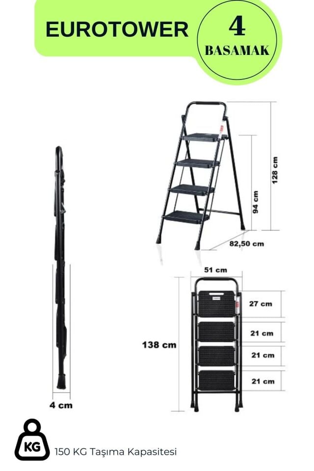 Eurotower 4 basamak Özel Tasarım Geniş Basamaklı Siyah Merdiven