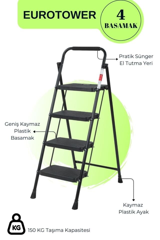 Eurotower 4 basamak Özel Tasarım Geniş Basamaklı Siyah Merdiven